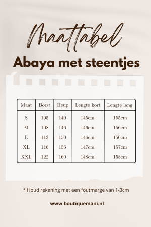 Maattabel abaya met steentjes