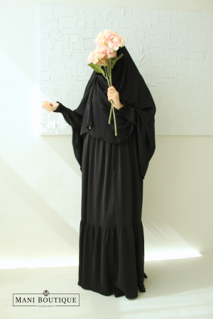 Abaya met plooien en khimaar zwart