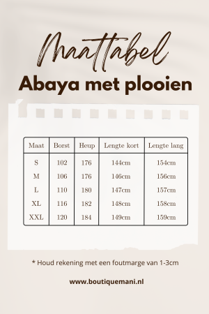 Maattabel abaya met plooien