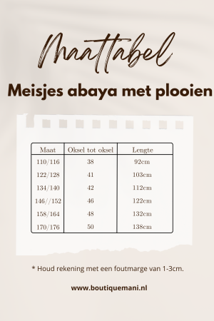 maattabel meisjes abaya met plooien