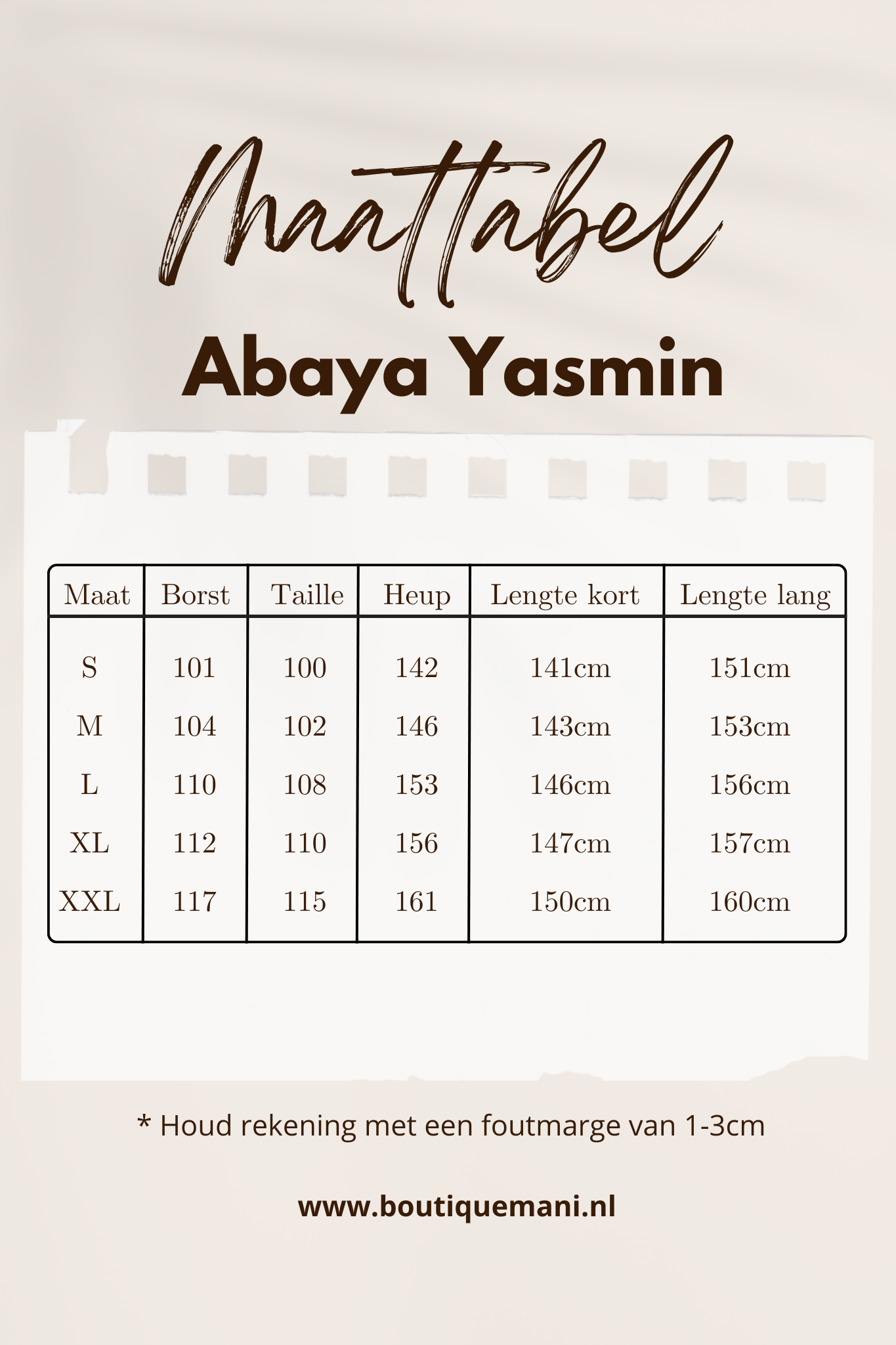 maattabel abaya yasmin mini cute sleeves