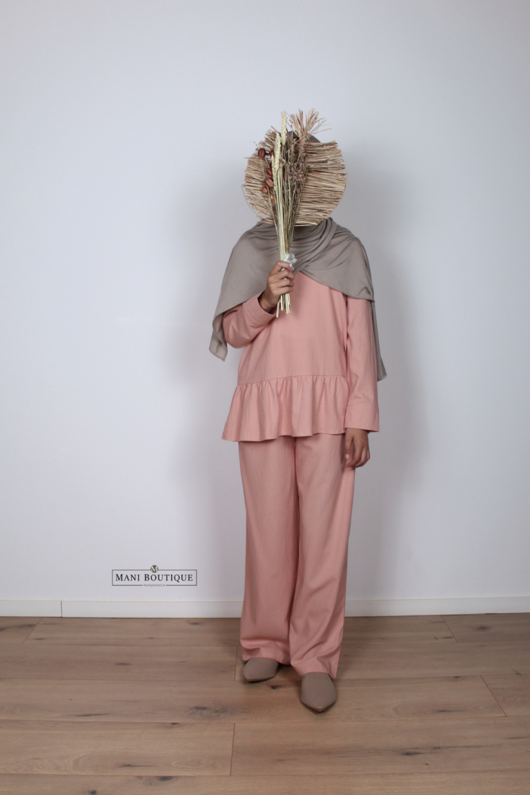 Linnen meisjes twinset met broek pastel peach