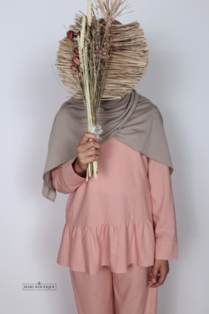 Linnen meisjes twinset met broek pastel peach