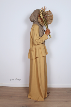 Meisjes linnen twinset met rok amber sand